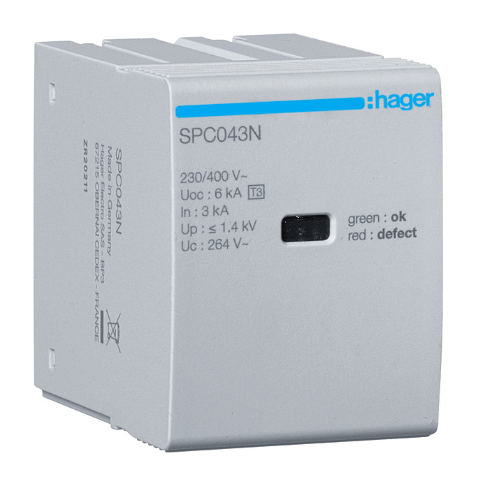 1St. Hager SPC043N Steckmodul T3 N-PE Uc 264V In 3kA Uoc 6kV Up 1.4kV