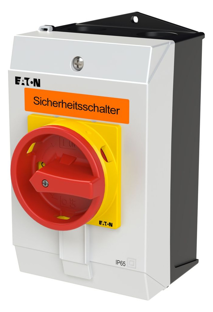 1St. Eaton 207308 Sicherheitsschalter, P1, 25 A, 3-polig, NOT-AUS-Funktion, mit rotem Drehgriff und gelbem Sperrkranz, abschließbar in 0-Stellung mit Deckelverriegelung P1-25/I2-SI