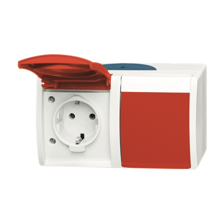 1St. Busch-Jaeger 20/2 EW/DVN-53 SCHUKO Steckdose, 2-fach, mit roten Klappdeckeln ocean (IP 44) grau/blaugrün...