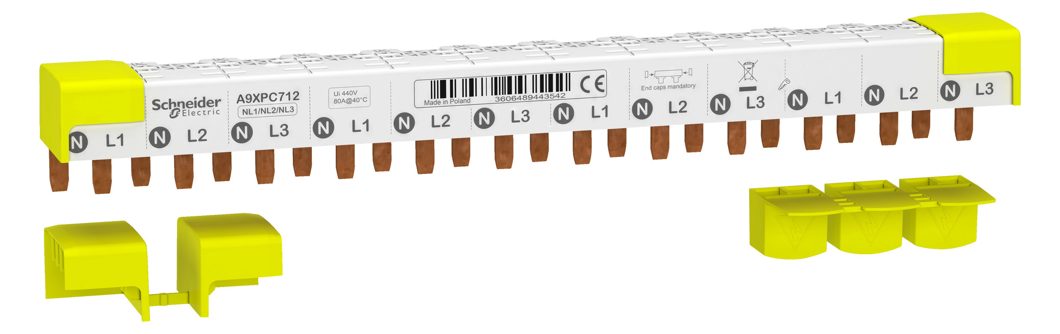 1St. Schneider Electric A9XPC712 Acti9 Phasenschiene Stift, 3P+N, 9mm-Stift-Abstand, 80A, 12 Module, 4-Endkappen