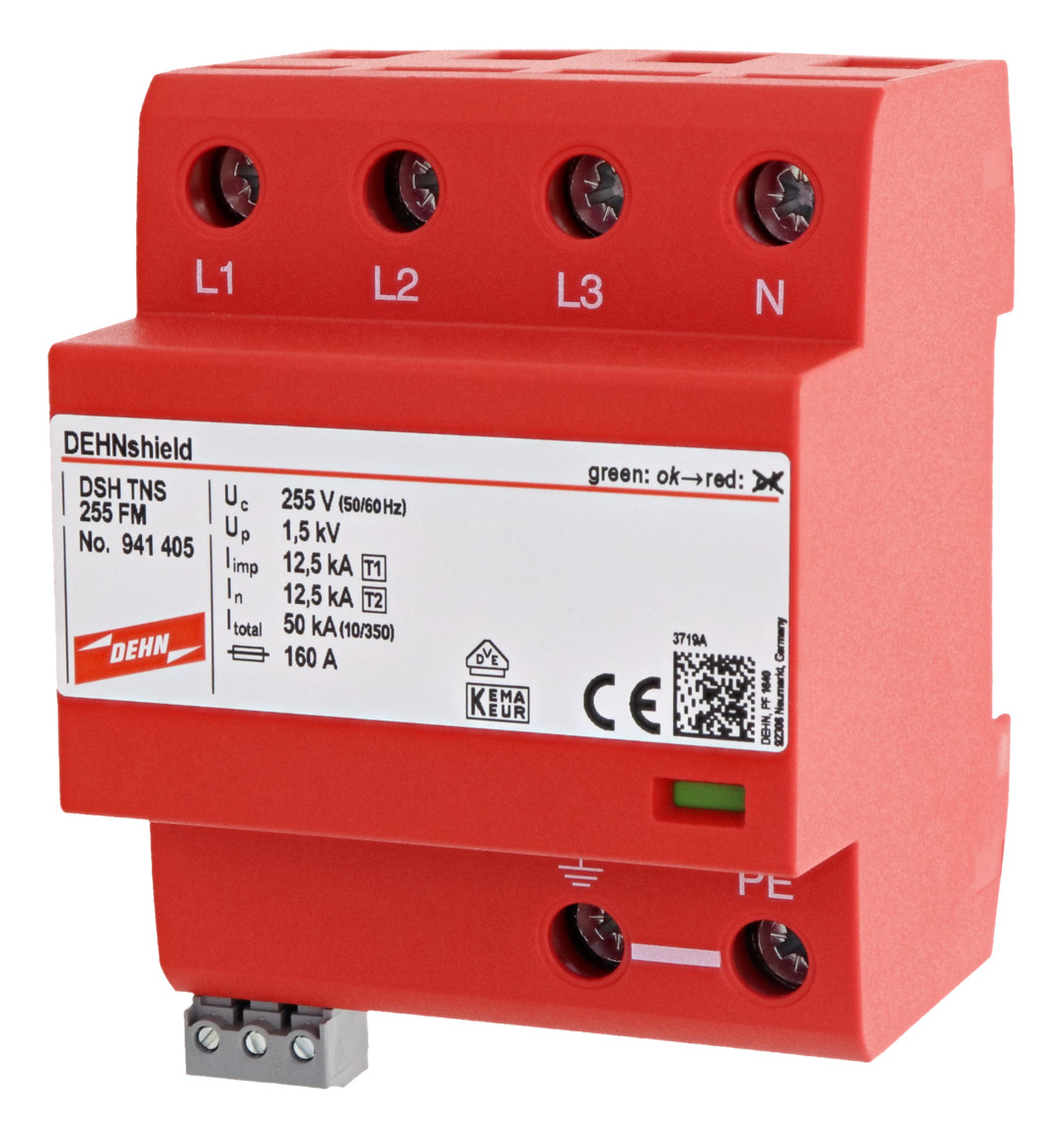 1St. Dehn 941405 Anwendungsopt. Kombi-Ableiter DEHNshield Typ 1+2 für dreiphasige TN-S-Systeme DSH TNS 255 FM 1St. Dehn 941405 Anwendungsopt. Kombi-Ableiter Dehnshield Typ 1+2 für dreiphasige TN-S-Systeme DSH TNS 255 FM