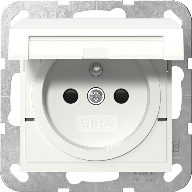 1St. Gira 448827 Steckdose mit Erdungsstift 16A 250V, Klappdeckel und Shutter, Reinweiß seidenmatt