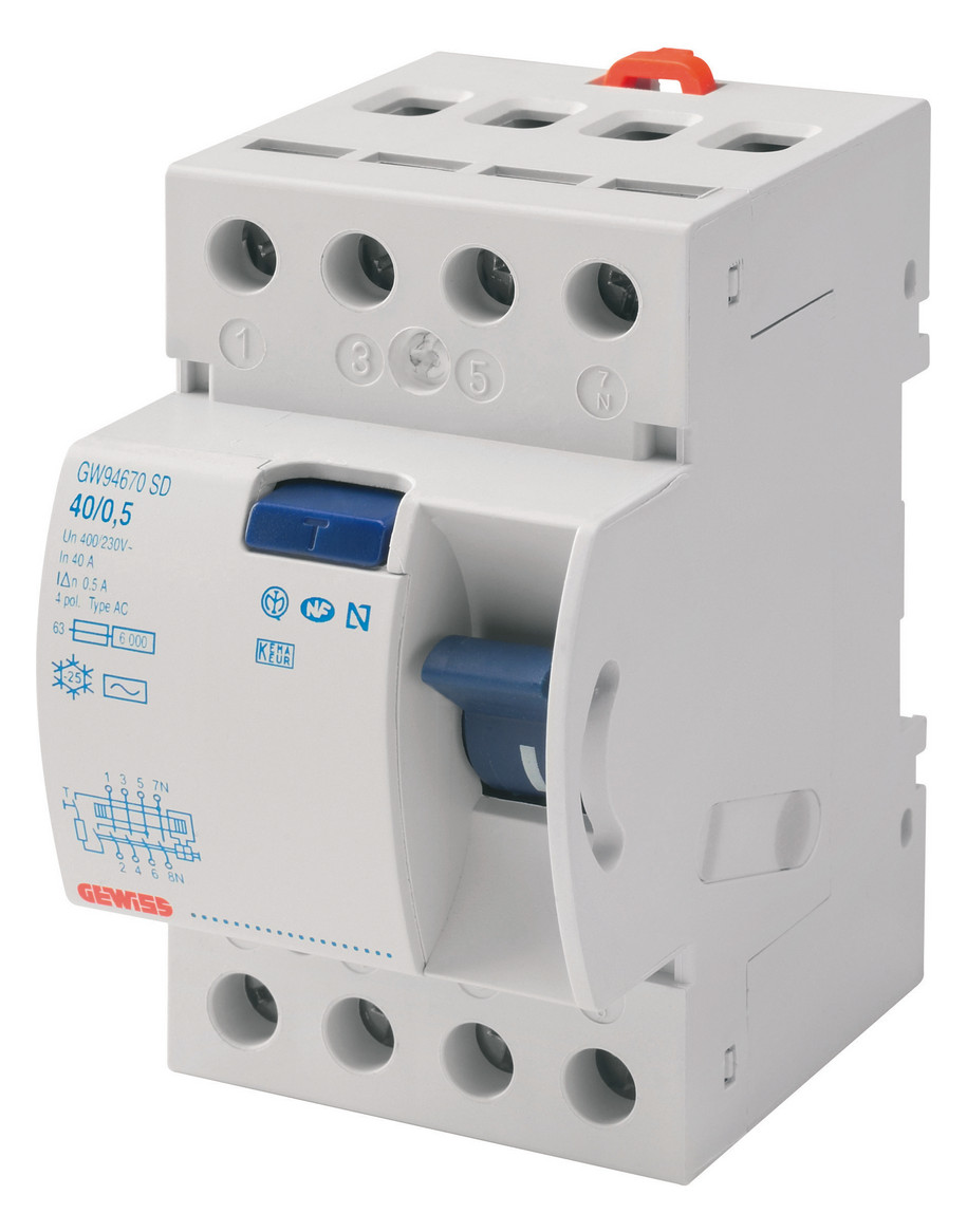 1St. Gewiss Fehlerstrom-Schutzschalter GW94897 (RCCB) 40/0.03A Typ A 4P 3TE