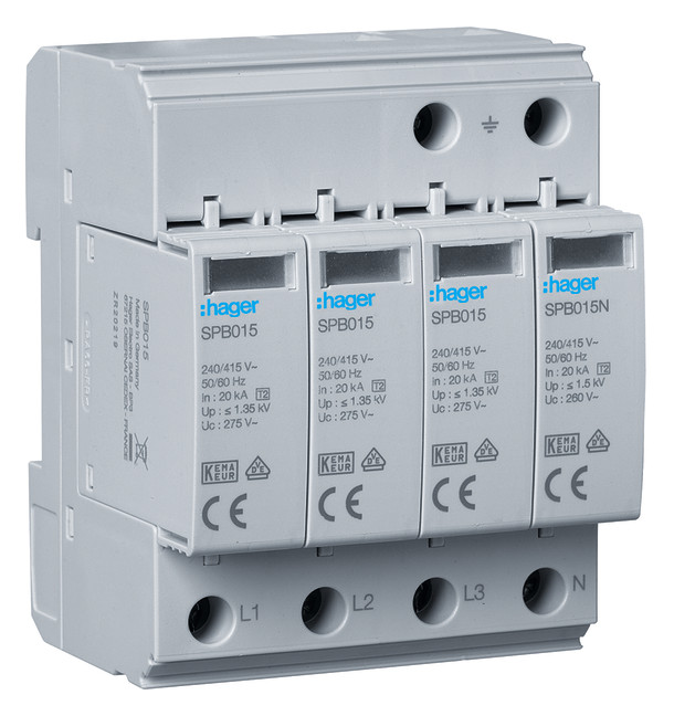 1St. Hager SPB413 Überspannungsableiter T2 4P 40kA TT/TNS Defektanzeige 1St. Hager SPB413 Überspannungsableiter T2 4P 40kA TT/TNS Defektanzeige