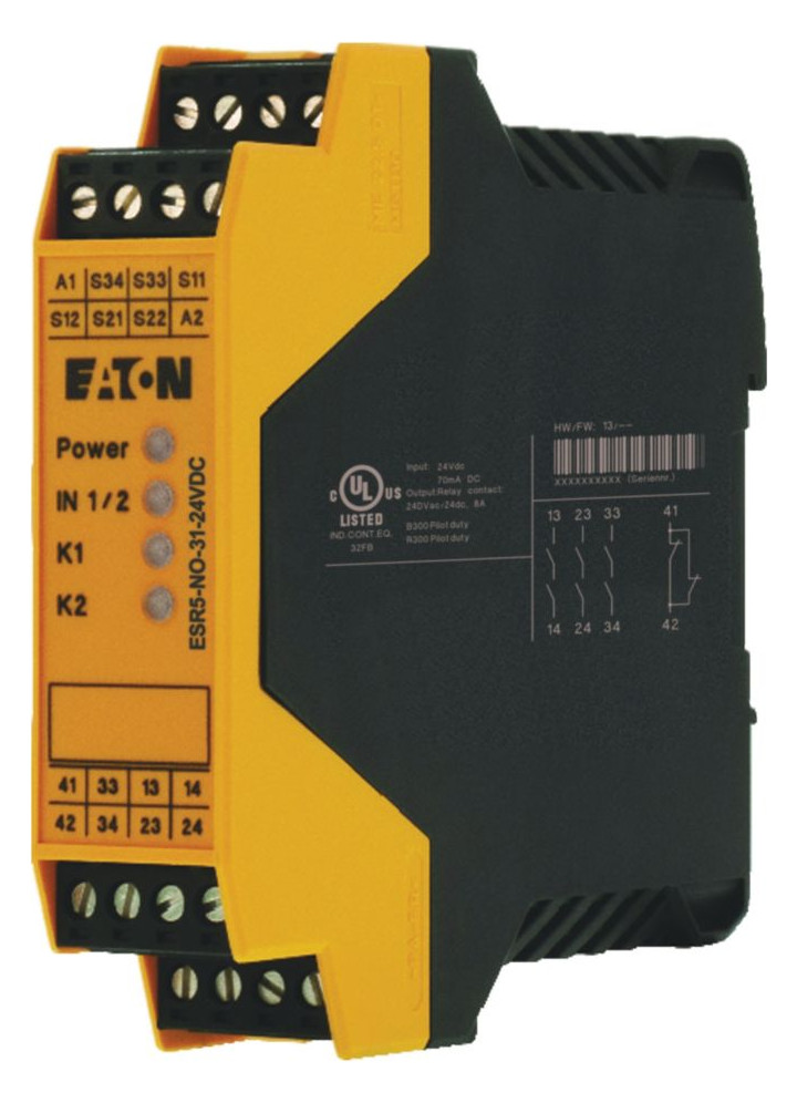 1St. Eaton ESR5-NO-31-24VDC Ein-/Zweikanaliges Sicherheitsrelais, 3 Freigabe- + 1 Meldepfad, 24C DC