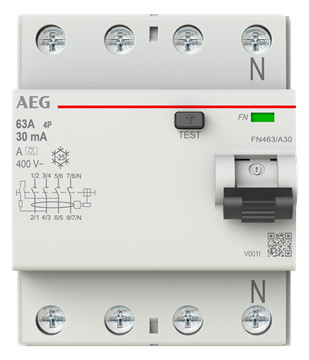 1St. AEG FN463/A30 FI-Schalter 4P Typ A 63A, 30mA, 4 Teilungseinheiten 2CSF704156R1630