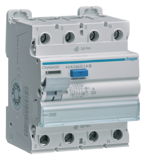 1St. Hager CNA640D FI-Schalter 4P 10kA 40A 100mA Typ S 1St. Hager CNA640D FI-Schalter 4P 10kA 40A 100mA Typ S