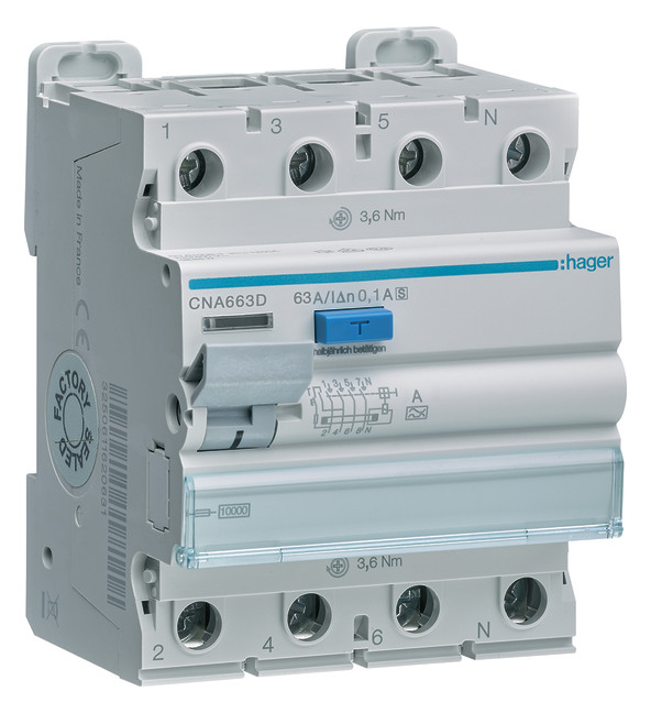 1St. Hager CNA663D FI-Schalter 4P 10kA 63A 100mA Typ S 1St. Hager CNA663D FI-Schalter 4P 10kA 63A 100mA Typ S