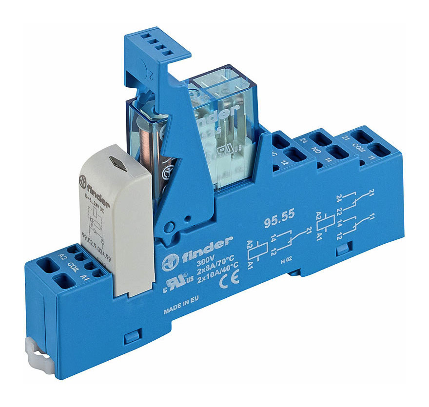 1St. Finder 487270240050 Koppelrelais mit Zugfederklemmen, 2 Wechsler 8 A, Spule 24 V DC sensitiv 48.72.7.024.0050