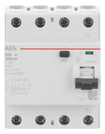 1St. AEG FN463/A300 FI-Schalter 4P Typ A 63A, 300mA, 4 Teilungseinheiten 2CSF704156R3630