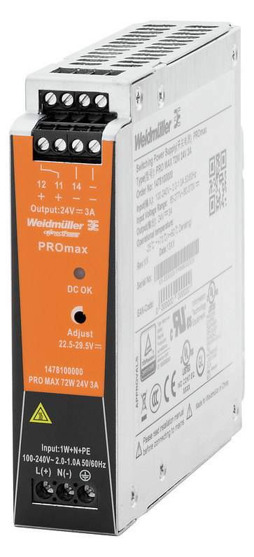 1St. Weidmüller PRO MAX 72W 24V 3A Gleichstromversorgung, 72 W, 3 A @ 60 C