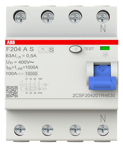 1St. ABB F204 A S-63/0.5 FI-Schutzschalter 4P, Typ A, 63A, 500mA, selektiv 2CSF204201R4630