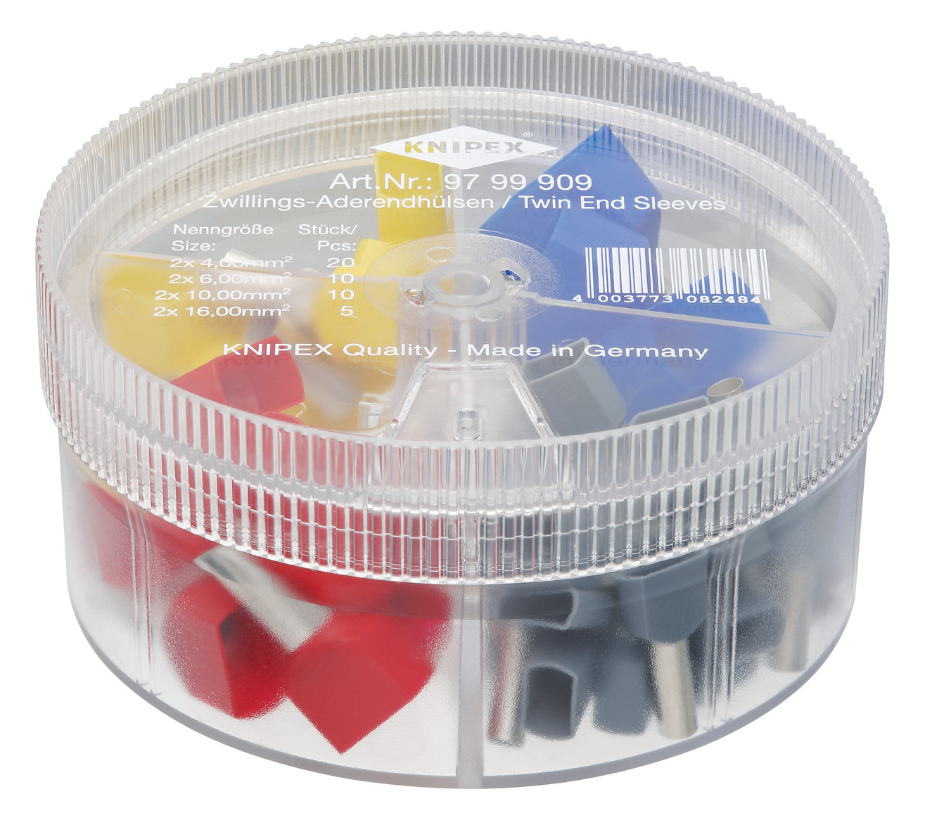 1St. Knipex 97 99 909 Sortimentsboxen mit Aderendhülsen isolierte Twin-Aderendhülsen nach DIN-Farbcode 20x4,0 (grau)/10x