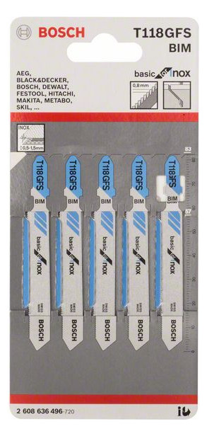 1Pk Bosch 2608636496 Stichsägeblatt T 118 GFS Basic for Stainless Steel, 1Pk=5St