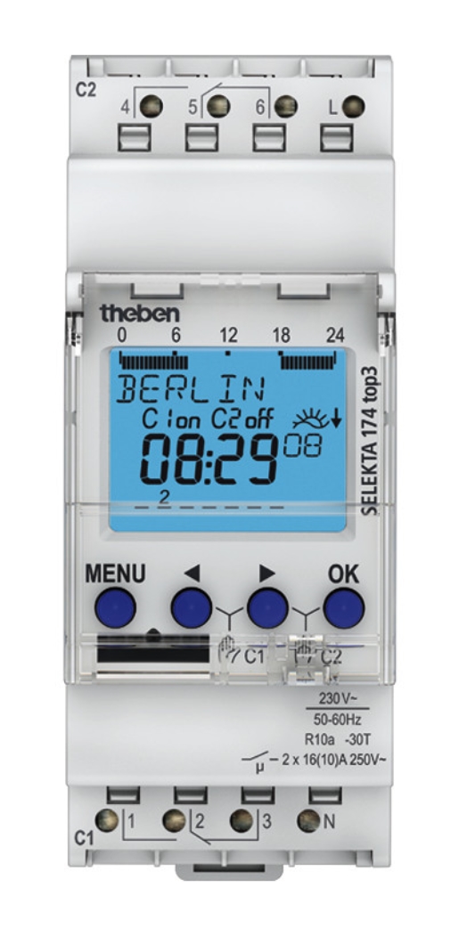1St. Theben 1740130 SELEKTA 174 top3, Digitale Zeitschaltuhr, Astro- und Wochenprogramm, 2 Kanäle, App-Programmierung mö