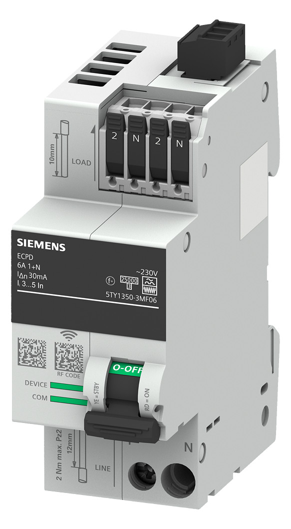 1St. Siemens ECPD mit Mess-/Kommunikationsfunktion RCD Typ F 30mA In: 6A, 230V AC, 75kA 1+N