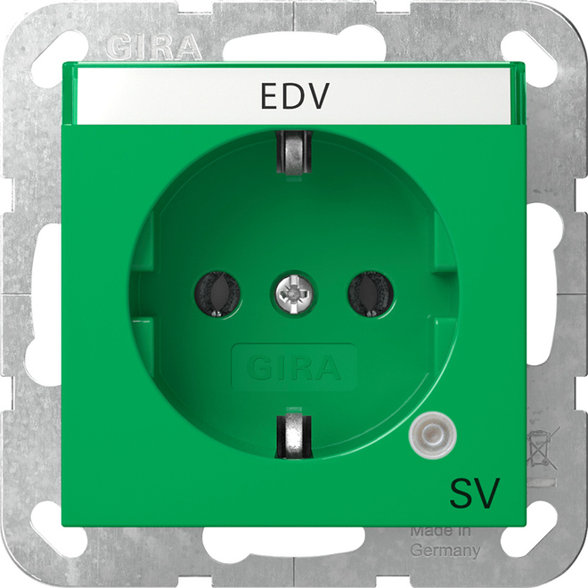 1St. Gira 4452107 SCHUKO-Steckdose 16A 250V mit grünem Kontrolllicht und Beschriftungsfeld mit Abdeckung, Aufdruck SV, Grün glänzend