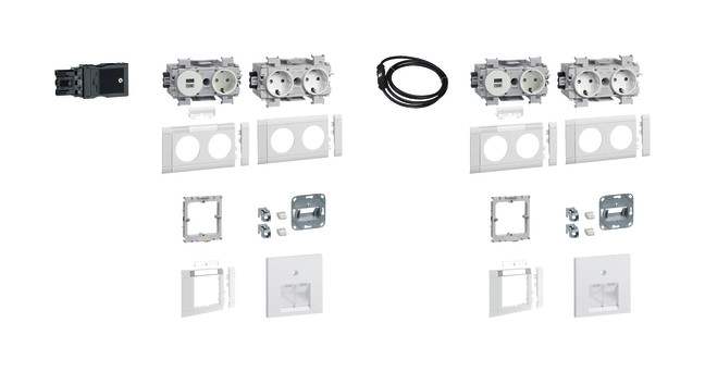 1St. Hager GAPSET2 SET 2 Arbeitsplätze je 3 Std+USB-Charger 15W 2xRJ45 Cat.6A Frontrastend vw