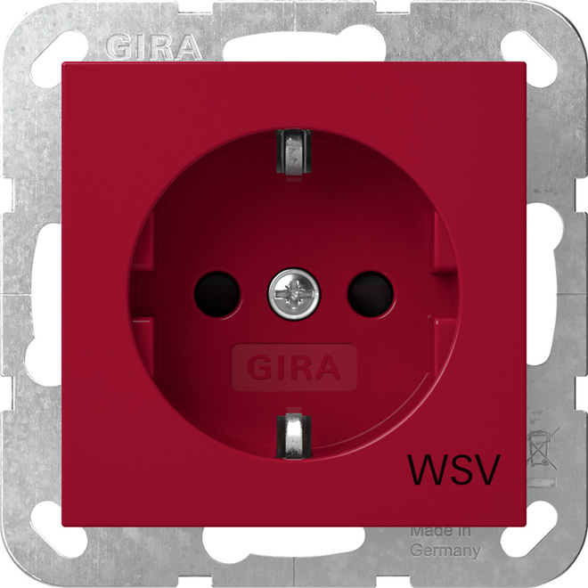 1St. Gira 4453108 Steckdose 16A 250V mit Shutter mit roter Abdeckung und Aufdruck WSV, Rot glänzend