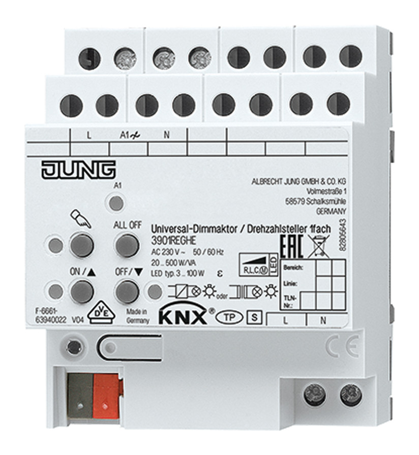 1St. Jung 3901REGHE KNX Universal-Dimmaktor / Drehzahlsteller 1fach REG elektronische Handbedienung 1 x 500 W 3901 REGHE