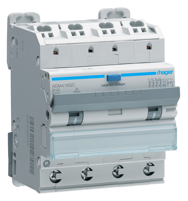1St. Hager ADM416QC Fehlerstrom-Leitungsschutzschalter 4P 6kA B-16A 30mA A Typ QC/QB 1St. Hager ADM416QC Fehlerstrom-Leitungsschutzschalter 4P 6kA B-16A 30mA A Typ QC/QB