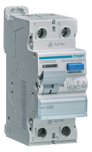 1St. Hager CDA525D FI-Schalter 2P 10kA 25A 30mA Typ A 1St. Hager CDA525D FI-Schalter 2P 10kA 25A 30mA Typ A