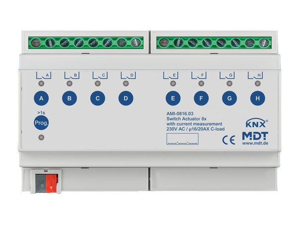 1St. MDT Schaltaktor 8-fach, 8TE AMI-0816.03 230 V AC, C-Last mit Strommessung, 200