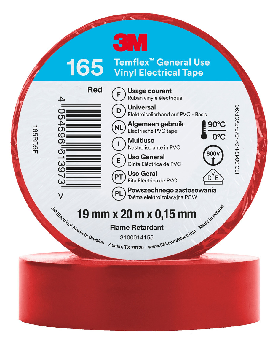100St. 3M Temflex 165RD5E Isolierband Rot 19mmx20m