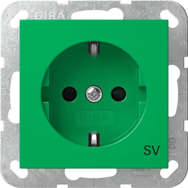 1St. Gira 4453107 Steckdose 16 A250V mit Shutter mit grüner Abdeckung, Aufdruck SV, Grün glänzend