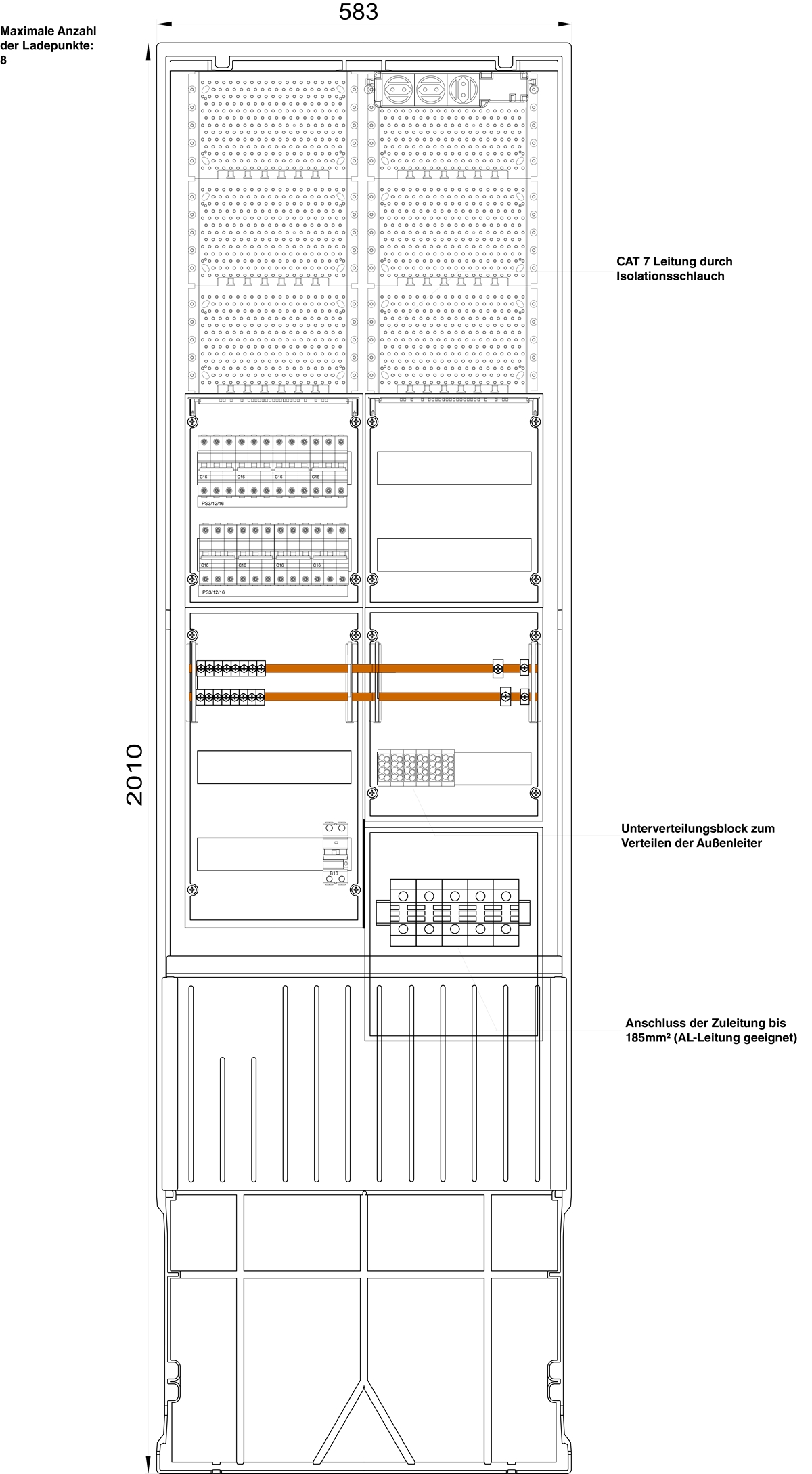 1St. F-Tronic ZSA202DRH-EMOB811kW E-MOB Säule 8 Ladepunkte 11kW, mit LS-Schalter C16 3polig 6kA, ZSA202DRH-EMOB8-11kW 7160185