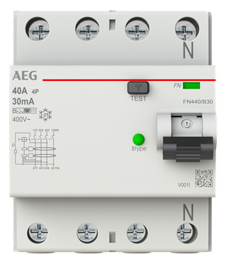 1St. AEG FN440/B30 FI-Schalter 4P Typ B 40A, 30mA, 4 Teilungseinheiten 2CSF704556R1400