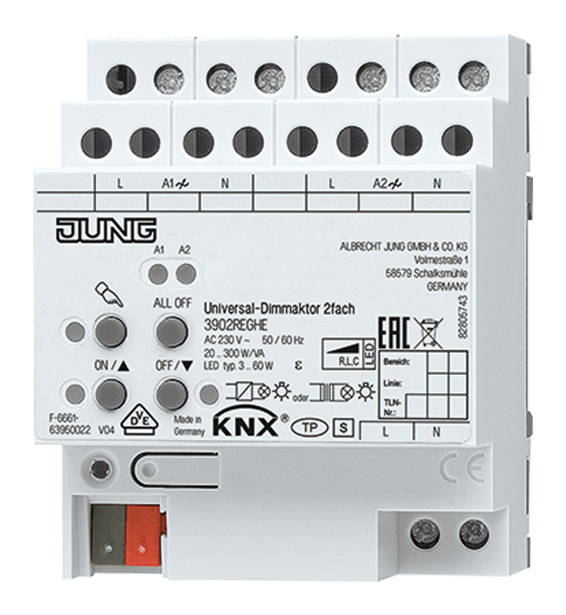 1St. Jung 3902REGHE KNX Universal-Dimmaktor 2fach REG elektronische Handbedienung 2 x 300 W 3902 REGHE