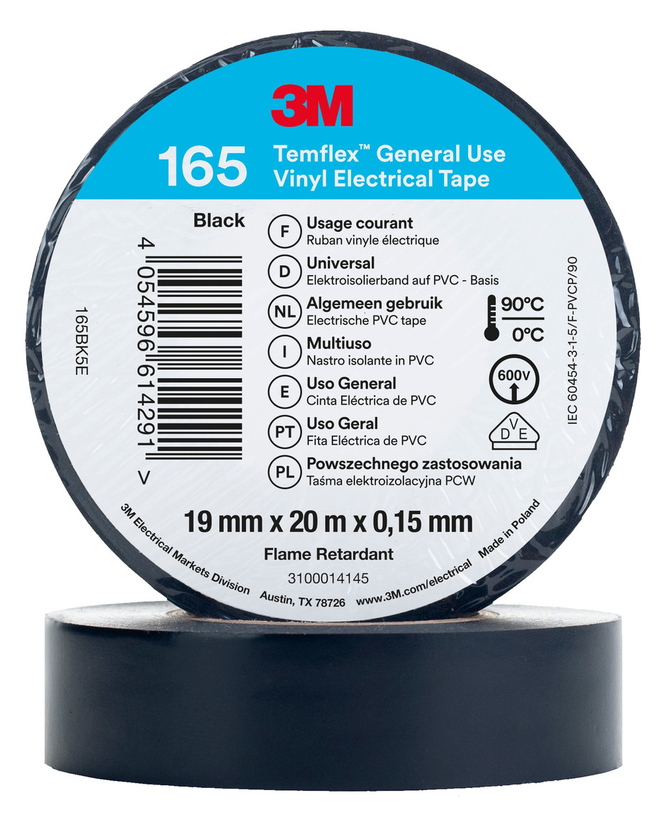 100St. 3M 165 BK5E Temflex Isolierband Schwarz 19mmx20m