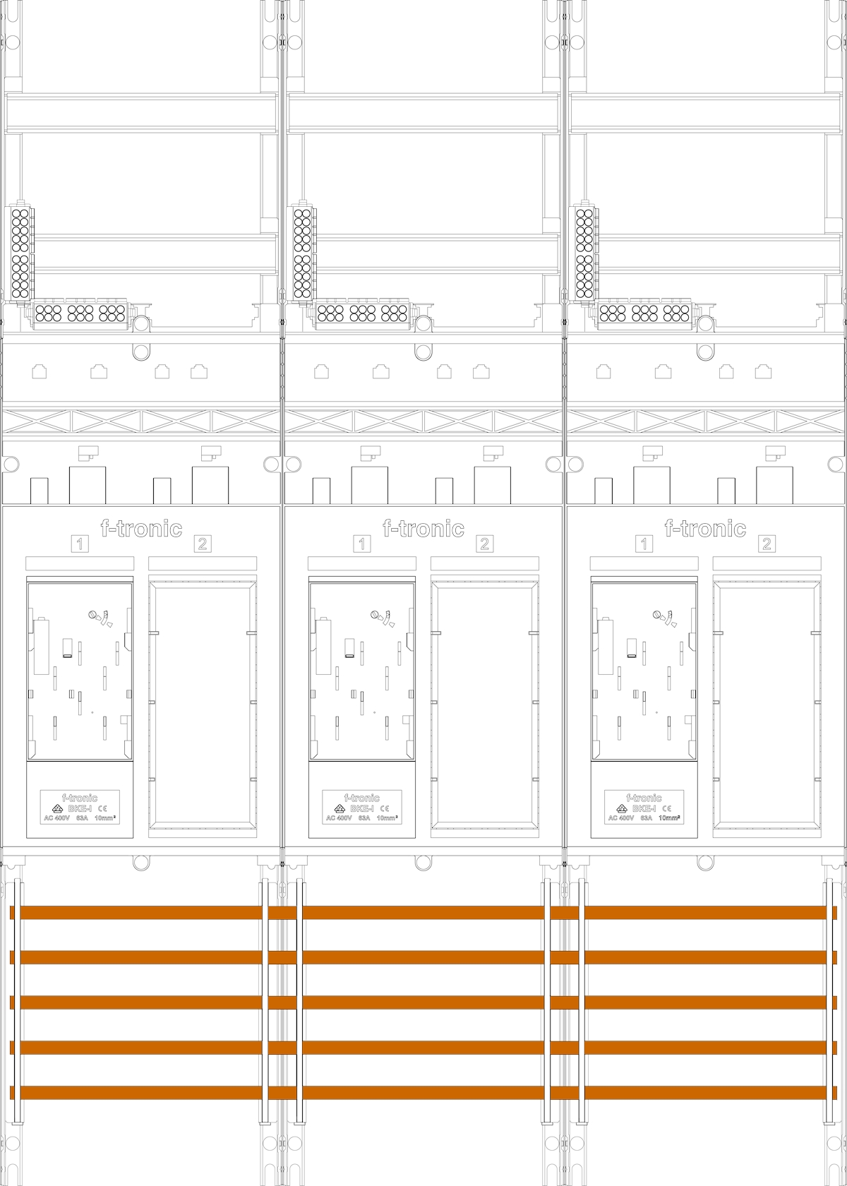 1St. F-Tronic ER36 Zählerfeld ER36, 3-feldrig, H=1050mm, 3-eHZ, 3 Res. 7141003