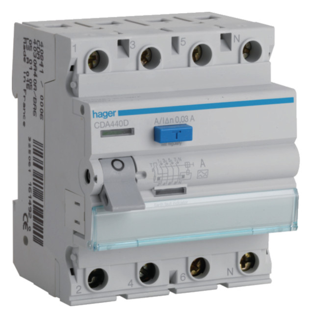 Hager CDA440D Fehlerstromschutzschalter 4 polig 6kA 40A 30mA Typ A RDC Fi-Schalter Hager