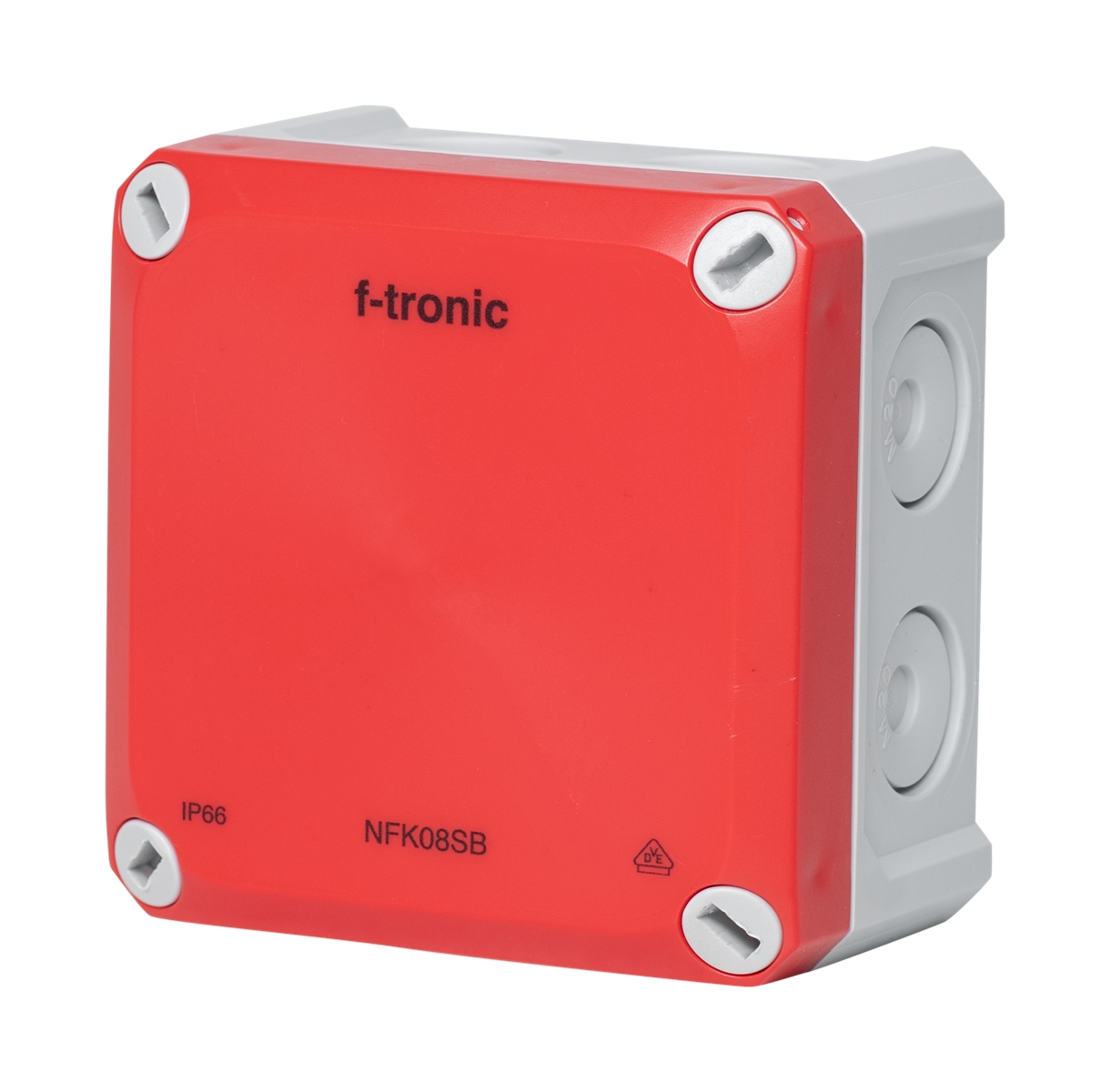 1St. F-Tronic NFK08SB FR-Abzweigkasten 85x85x54mm, Durchstoßmembran IP66, PS, grau/rot, Sicherheitsbeleucht. 7340210