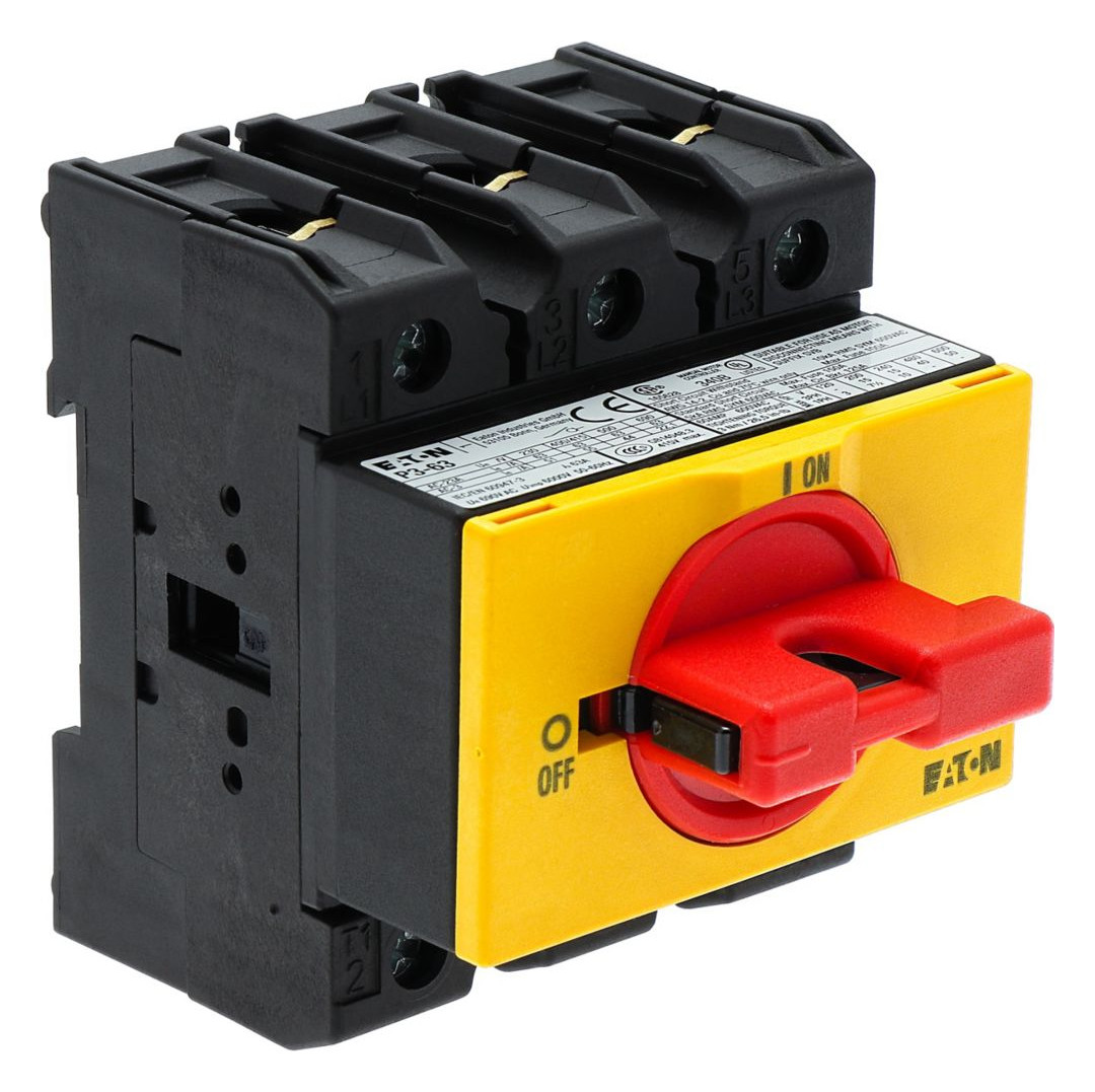 1St. Eaton 045845 EIN-AUS-Schalter, P3, 63 A, Verteilereinbau, 3-polig, NOT-AUS-Funktion, mit rotem Knebel und gelbem Fr