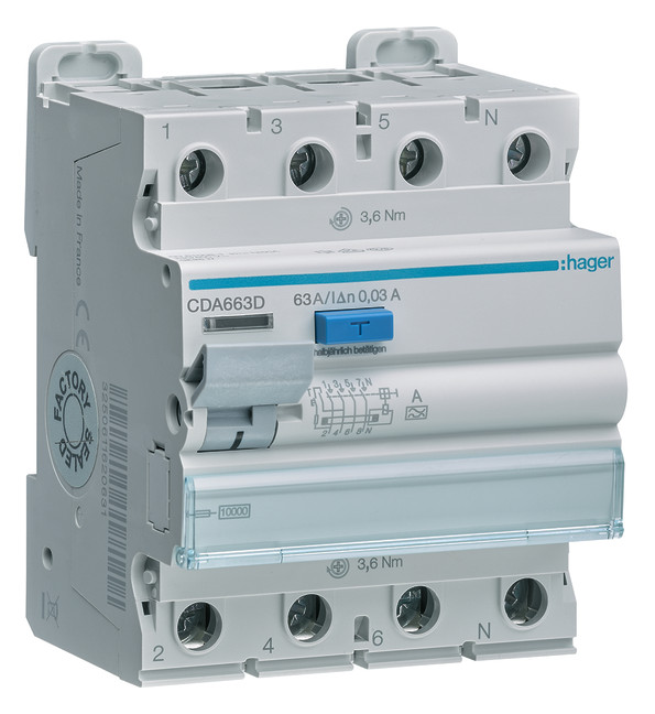1St. Hager CDA663D FI-Schalter 4P 10kA 63A 30mA Typ A