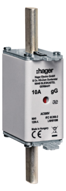 3St. Hager LNH010M NH-Sicherungseinsatz NH0 10A gG AC500V Kombimelder Lasche spannungsführend