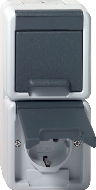 1St. Gira 478030 Doppelsteckdose 16A 250V senkrecht mit Klappdeckel WG AP Grau