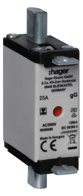 1St. Hager LNH0025MK NH-Sicherung NH000 gG 500V 25A Iso-Griff