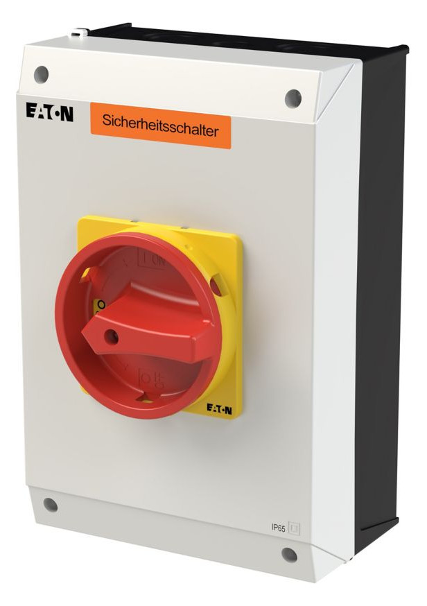 1St. Eaton 207363 Sicherheitsschalter, P3, 63 A, 3-polig, 1 Schließer, 1 Öffner, NOT-AUS-Funktion, mit rotem Drehgriff und gelbem Sperrkranz, abschließbar in 0-Stellung P3-63/I4-SI/HI11