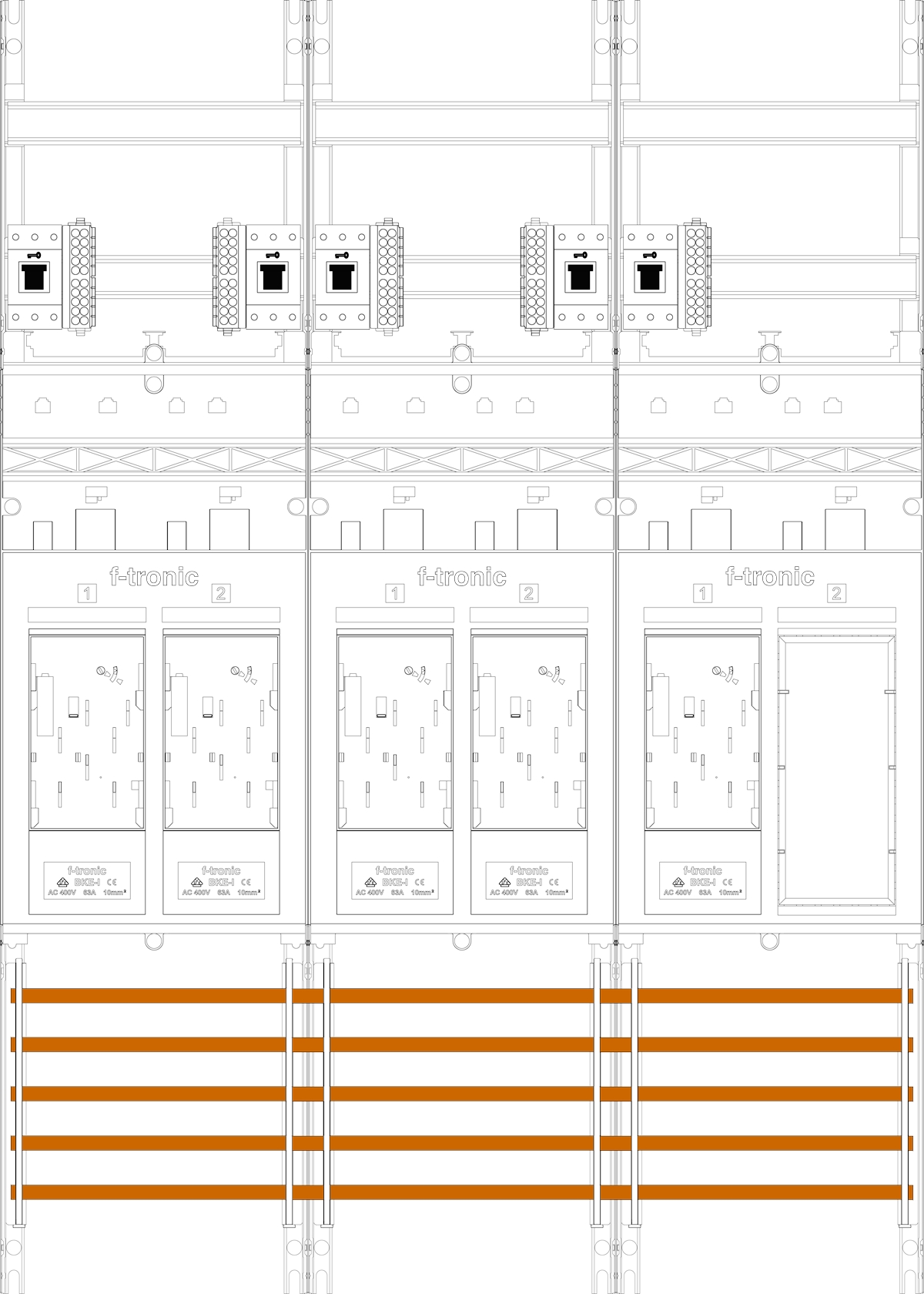 1St. F-Tronic E216ER6-HSS Zählerfeld E216ER6-HSS, 3-feldrig, H=1050mm, 5-eHZ, 5 HSS, 1 Res. 7141121