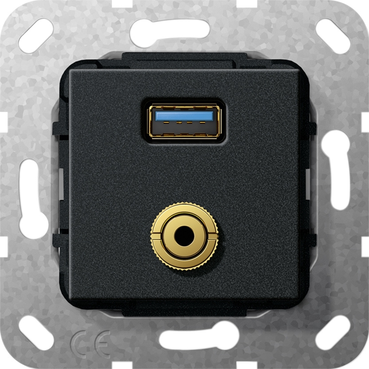 1St. Gira 568610 USB 3.0 A M-Klinke Kpl. K-Peitsche Einsatz Schwarz m