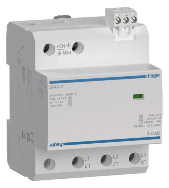1St. Hager SPA312 Überspan. T1+T2+T3 3P 12.5kA FM TN-C 1St. Hager SPA312 Überspan. T1+T2+T3 3P 12.5kA FM TN-C