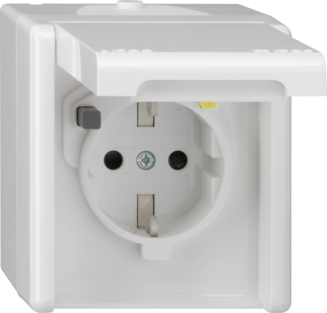 1St. Gira 267730 FI-Schutzsteckd. 30 mA Klappdeckel + SH WG AP Reinweiß