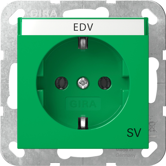 1St. Gira 4457107 Steckdose 16A 250V mit Beschriftungsfeld mit grüner Abdeckung und Aufdruck SV, Grün glänzend