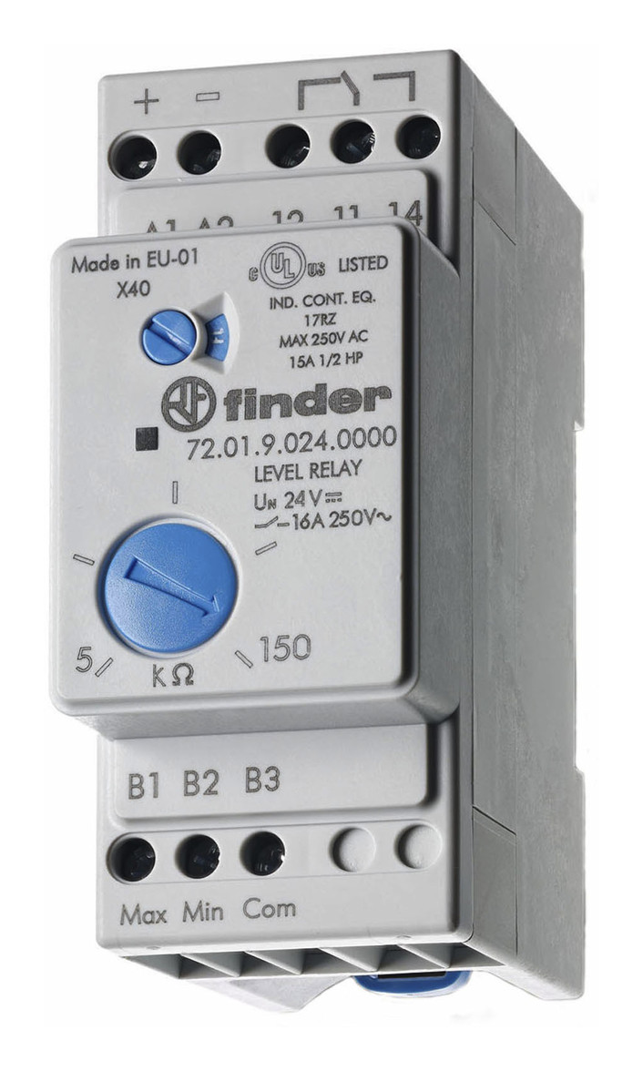 1St. Finder 720190240000 Niveauwächter, für leitfähige Flüssigkeiten, 1 Wechsler 16 A, einstellbar 5 bis 150 kOhm, für 2