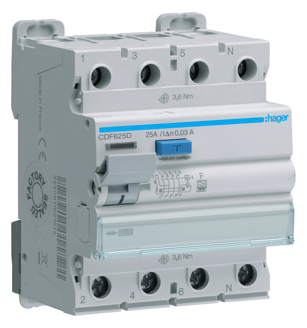 1St. Hager CDF625D FI-Schalter 4P 10kA 25A 30mA Typ F