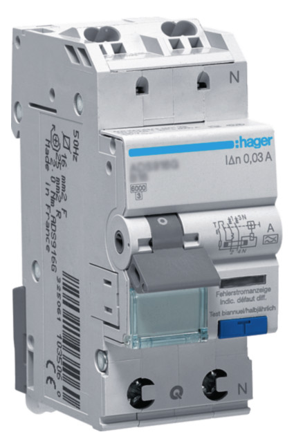 1St. Hager ADS960D Fi/LS-Schalter 1P+N 6kA C-10A 30mA Typ A QC Hager